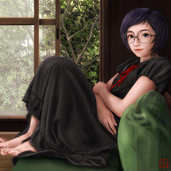 Rule 34 | 1girl, alternate costume, barefoot, black hair, casual, ebi (eeotoko), girls und panzer, glass, highres, katsuya megu, looking at viewer, realistic, short hair, window