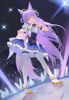 1girl absurdres ahoge blue_eyes blue_skirt cone_hair_bun fox_tail frilled_skirt frills full_body glowstick hair_bun hair_rings heart heart_hands highres idol long_hair looking_at_viewer nbee_ya one_eye_closed open_mouth pantyhose purple_hair shirt shoes short_sleeves skirt smile solo stellive tail tenko_shibuki thigh_strap very_long_hair virtual_youtuber white_pantyhose white_shirt white_shoes wrist_cuffs