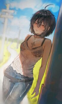 1girl absurdres ahoge belt black_bra black_choker black_hair blue_sky bra bra_visible_through_clothes camisole choker commentary covered_navel cowboy_shot cross cross_choker cross_necklace day denim hair_between_eyes hair_ornament hairclip highres jeans jewelry leaning_on_object loose_belt necklace original outdoors pants parted_lips path pink_camisole red_eyes road salsa_dance see-through_camisole see-through_clothes short_hair sky solo sweat sweatdrop underwear utility_pole