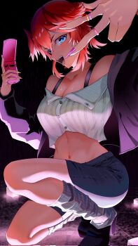 Rule 34 | 1girl, alternate costume, blue eyes, blush, bra, bra strap, breasts, cellphone, cleavage, commentary, flip phone, gold ring, gyaru, hair between eyes, head wings, highres, holding, holding phone, hololive, jewelry, kogal, large breasts, long sleeves, looking at viewer, multicolored hair, multiple rings, na nu 017, nail polish, navel, open mouth, phone, pink hair, pink nails, ring, shirt, short hair, skirt, smile, socks, solo, symbol-only commentary, takane lui, underwear, virtual youtuber, white shirt, wings