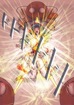 1girl 3boys ainu_clothes attack barefoot black_hair blush breasts cleavage closed_eyes defeat feet hair_ribbon highres kiki_kaikai_(series) legs long_hair lying moaning monster multiple_boys nakoruru open_mouth pants red_eyes ribbon samurai_spirits snk spitting teeth the_king_of_fighters thighs tongue torn_clothes