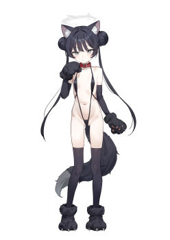 1girl absurdres animal_ears animal_hands bare_shoulders bdsm black_gloves black_hair black_slingshot_swimsuit black_thighhighs blue_archive blush breasts collar dog_ears dog_tail double_bun eco_376124 elbow_gloves full_body gloves grey_eyes hair_bun halo highres kisaki_(blue_archive) loli long_hair looking_at_viewer navel paw_gloves paw_shoes pet_play slave slingshot_swimsuit small_breasts solo swimsuit tail thighhighs twintails