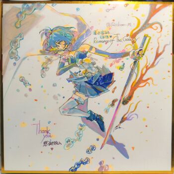 1girl absurdres air_bubble armlet artist_name bare_shoulders belt belt_buckle blue_belt blue_boots blue_eyes blue_gemstone blue_hair blue_shirt blue_skirt blue_sleeves boots bubble buckle circle_skirt closed_mouth clothing_cutout detached_sleeves expressionless eyelashes floating floating_cape floating_clothes floating_hair fortissimo frilled_shirt_collar frills full_body gem gloves gold_buckle hair_between_eyes hair_ornament hairclip high_heel_boots high_heels highres holding holding_sword holding_weapon jewelry long_sleeves looking_ahead magical_girl mahou_shoujo_madoka_magica mahou_shoujo_madoka_magica_(anime) miki_sayaka miniskirt musical_note musical_note_hair_ornament pleated_skirt pointy_nose riko-m shirt short_hair skirt solo stomach_cutout stomach_jewel strapless strapless_shirt sword thank_you thigh_belt thigh_strap thighhighs traditional_media two-tone_shirt weapon white_background white_gloves white_shirt white_thighhighs