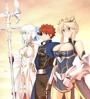 1boy 2girls absurdres ahoge alternate_color archer_(fate) archer_(fate)_(cosplay) artoria_pendragon_(fate) artoria_pendragon_(lancer)_(fate) artoria_pendragon_(lancer)_(third_ascension)_(fate) blonde_hair blue_bow blue_eyes blue_gloves blue_leotard blue_thighhighs blush bow braid braided_bun breasts center_opening cleavage clothing_cutout cosplay covered_navel crown dress emiya_shirou fate/grand_order fate/stay_night fate_(series) gloves green_eyes grey_hair hair_between_eyes hair_bow hair_bun half_up_braid harem heattech_leotard highleg highleg_leotard highres holding holding_staff lance large_breasts leotard long_hair long_sleeves morgan_le_fay_(fate) morgan_le_fay_(queen_of_winter)_(fate) multiple_girls navel orange_hair polearm ponytail red_hair rey_r31_44 short_hair sidelocks sleeveless sleeveless_turtleneck smile staff stomach_cutout takeuchi_takashi_(style) thighhighs thighs turtleneck two-tone_dress weapon white_dress white_hair yellow_eyes