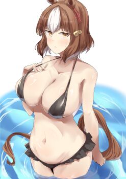 1girl absurdres animal_ears bare_shoulders belno_light_(umamusume) bikini black_bikini blush bow breasts brown_hair cleavage closed_mouth collarbone commentary_request commission ear_ribbon hair_ornament highres horse_ears horse_girl horse_tail large_breasts letter_hair_ornament looking_at_viewer multicolored_hair nagisa_(imizogami) navel short_hair skeb_commission stomach swimsuit tail two-tone_hair umamusume umamusume:_cinderella_gray white_hair