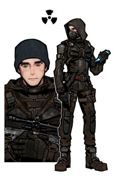 Rule 34 | 1boy, beanie, black gloves, black shirt, boots, brown boots, brown eyes, brown pants, chinese commentary, closed mouth, commentary request, fukurau, full body, gloves, grey hat, gun, handgun, hat, highres, holding, holding gun, holding weapon, hood, hood up, looking afar, looking at viewer, makarov pm, male focus, mask, multiple views, pants, radiation symbol, respirator, shirt, simple background, skif (stalker 2), stalker (game), stalker 2: heart of chornobyl, weapon, white background