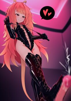 1girl black_gloves bondage_outfit bonnibelle_amai bootjob boots breasts censored dominatrix elbow_gloves femdom gloves hair_intakes heart highres holding holding_riding_crop horns indie_virtual_youtuber katsuten long_hair mosaic_censoring orange_eyes orange_hair original penis riding_crop small_breasts smile spoken_heart thigh_boots very_long_hair virtual_youtuber