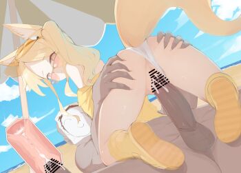 1boy 1girl animal_ears ass bar_censor beach bikini bikini_bottom_aside blonde_hair blue_archive censored clothing_aside commentary commission cowgirl_position cum cum_in_pussy doodle_sensei_(blue_archive) english_commentary fox_ears fox_tail girl_on_top hetero loli outdoors paid_reward_available penis pixiv_commission recklessdraw seia_(blue_archive) seia_(swimsuit)_(blue_archive) sensei_(blue_archive) sex straddling swimsuit tail vaginal variant_set