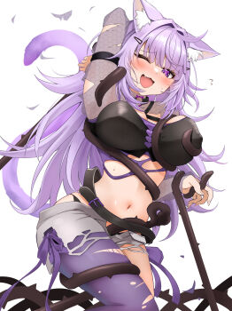 1girl ;d absurdres ahoge animal_ear_fluff animal_ears arm_up black_choker black_panties black_shirt blush breasts cat_ears cat_girl cat_tail choker commentary_request covered_erect_nipples cropped_shirt fang grey_shorts hair_ornament hairclip highres hololive large_breasts long_hair looking_at_viewer messy_hair micon navel nekomata_okayu nekomata_okayu_(gyaru) o-ring o-ring_choker official_alternate_costume one_eye_closed open_fly open_mouth panties pantyhose purple_eyes purple_hair purple_pantyhose restrained see-through_shrug shirt shorts shrug_(clothing) simple_background single_leg_pantyhose smile solo stomach tail torn_clothes torn_pantyhose torn_shorts underwear vine_tentacle virtual_youtuber white_background