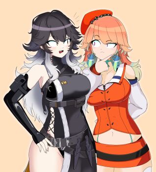 2girls absurdres arm_pouch asymmetrical_clothes asymmetrical_pants black_hair bodysuit bow bow_choker breasts choker commentary detached_sleeves earrings english_commentary feather_earrings feathers fingerless_gloves gloves goddess_of_victory:_nikke gradient_hair green_choker hat highres hololive hololive_english jewelry k_(nikke) long_hair look-alike multicolored_hair multiple_girls open_mouth orange_eyes orange_hair orange_hat orange_skirt pouch purple_eyes single_pantsleg skirt sleeveless sleeveless_bodysuit tactical_clothes takanashi_kiara takanashi_kiara_(1st_costume) themastersos thigh_pouch virtual_youtuber white_hair