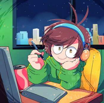 1boy antenna_hair blush brown_eyes brown_hair can commentary_request computer drawing_tablet drink_can edd_(eddsworld) eddsworld green_hoodie headphones highres holding holding_stylus hood hood_down hoodie indoors looking_at_viewer male_focus musical_note reon_(02779) short_hair smile soda_can solo stylus watermark window