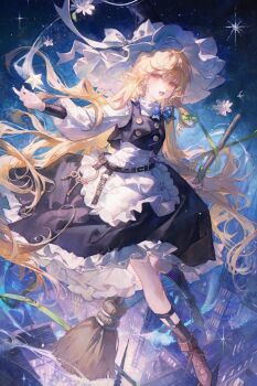 apron bad_source blonde_hair broom building flower hat highres kirisame_marisa long_hair maccha_(mochancc) maid_apron open_mouth pink_eyes skyscraper smile stage star_(symbol) touhou