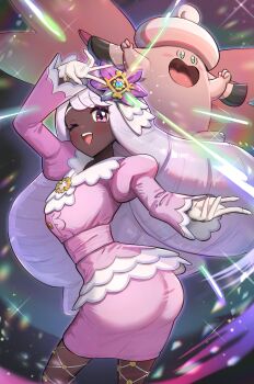 1girl absurdres ascot ass blush bow breasts clefable dark-skinned_female dark_skin dress fascinator fishnet_pantyhose fishnets frilled_ascot frills gen_1_pokemon glove_bow gloves gold_ring gonzarez hair_ornament highres jacinthe_(pokemon) juliet_sleeves large_breasts long_hair long_sleeves looking_at_viewer low_drills mega_clefable mega_pokemon mega_stone nintendo one_eye_closed open_mouth pantyhose pokemon pokemon_(creature) pokemon_legends:_z-a puffy_sleeves purple_dress purple_eyes purple_hair smile solo teeth very_dark_skin white_gloves wings