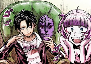 1boy 1girl bare_arms bare_shoulders black_eyes black_hair black_jacket blue_eyes blunt_bangs braid braided_hair_rings breasts closed_mouth crop_top hair_rings hands_on_own_cheeks hands_on_own_face highres holding holding_mask jacket jojo_no_kimyou_na_bouken leaning_forward mask menacing_(jojo) nanakusa_nazuna_(yofukashi_no_uta) navel phantom_blood pink_hair print_shirt reiquant shirt short_hair sitting small_breasts smile stone_mask_(jojo) trait_connection white_shirt yamori_kou yofukashi_no_uta