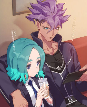 2boys aqua_hair arm_around_shoulder black_jacket blue_eyes blue_necktie cellphone collared_shirt dark-skinned_male dark_skin drink drinking_straw highres holding holding_drink holding_phone inazuma_eleven_(series) inazuma_eleven_victory_road indoors jacket jewelry medium_hair multicolored_hair multiple_boys necklace necktie open_clothes open_jacket phone purple_hair sakurazaki_jouji sasanami_unmei shirt smartphone striped_necktie talgi translation_request two-tone_hair white_shirt