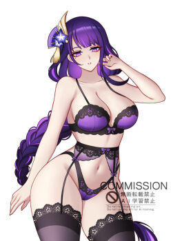 1girl black_thighhighs bow bow_bra bow_panties bra braid braided_ponytail breasts charlie_purrito collarbone commentary commission cowboy_shot english_commentary garter_belt garter_straps genshin_impact hair_ornament highres lace lace-trimmed_bra lace-trimmed_thighhighs lace_trim large_breasts linea_alba long_hair looking_at_viewer mole mole_under_eye navel panties parted_lips purple_bra purple_eyes purple_hair purple_panties raiden_shogun simple_background single_braid solo thighhighs underwear very_long_hair watermark white_background
