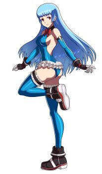 1girl absurdres ass bare_shoulders black_boots black_gloves blue_hair blue_leotard blue_sleeves blue_thighhighs boots bow bowtie breasts cosplay detached_sleeves frilled_leotard frilled_thighhighs frills full_body gloves highres kula_diamond leotard long_hair marie_rose marie_rose_(cosplay) medium_breasts nibbon0808 purple_eyes red_bow red_bowtie simple_background smile the_king_of_fighters thighhighs white_background