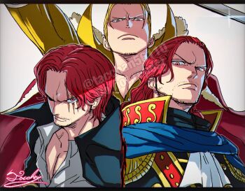 3boys ascot beard_stubble black_cape blonde_hair blue_cape brothers cape collared_shirt facial_hair father_and_son figarland_garling figarland_shamrock frown goatee_stubble high_collar highres holding holding_sword holding_weapon long_hair looking_at_viewer male_focus military_uniform multiple_boys mustache_stubble one_piece red_eyes scar scar_across_eye scar_on_face shanks_(one_piece) shirt short_hair siblings stubble sword tacchan56110 twins weapon white_ascot white_shirt yellow_eyes yellow_shirt