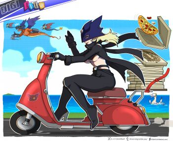 Rule 34 | airdramon, beelstarmon, belt, breasts, digimon, digimon (creature), food, highres, long hair, mask, megadramon, pizza, third eye, underboob