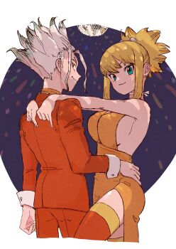 1boy 1girl asymmetrical_hair blonde_hair dancing dr._stone dress fishnets formal_clothes highres ishigami_senkuu ko_nya_ze kohaku_(dr._stone) multicolored_hair spiked_hair split-color_hair split_ponytail suit tall_hair