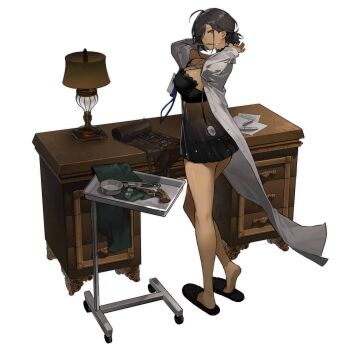 1girl babydoll from_behind bahao_diqiu black_choker black_hair black_nails black_panties black_ribbon breasts choker clipboard colt_walker colt_walker_(girls'_frontline) colt_walker_(pillow_talk_with_maggie)_(girls'_frontline) cup dark-skinned_female dark_skin desk drawer earrings eyebrows_hidden_by_hair girls'_frontline green_eyes grin highres holding holding_clipboard id_card jewelry lab_coat lace lace_choker lace_trim lamp lanyard large_breasts looking_at_viewer medium_hair necklace necklace_between_breasts official_alternate_costume official_art panties paper pen ribbon scalpel slippers smile standing stethoscope stud_earrings tools towel transparent_background tray tsurime tying_hair underwear wooden_desk