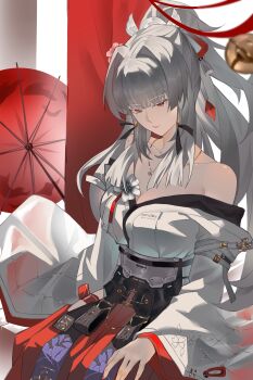 1girl absurdres bare_shoulders breasts cleavage closed_mouth commentary_request hakama hakama_skirt highres hiyuki_(wuthering_waves) japanese_clothes jewelry kamikumo_(efux4278) large_breasts long_hair long_sleeves necklace oil-paper_umbrella partial_commentary ponytail red_eyes red_hakama sitting skirt solo umbrella white_hair wide_sleeves wuthering_waves