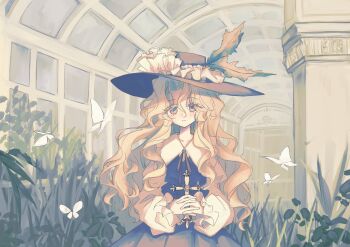 1girl black_hat black_skirt black_vest blonde_hair bug butterfly closed_mouth collared_shirt commentary_request cowboy_shot cross dolls_in_pseudo_paradise grass hair_between_eyes hat hat_feather hat_ribbon highres holding holding_cross insect jacket_girl_(dipp) long_hair long_sleeves looking_at_viewer neck_ribbon plant ribbon shirt skirt smile solo touhou uzumibi very_long_hair vest white_ribbon white_shirt