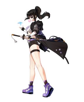1girl absurdres bai_winchester bandaged_leg bandages bare_legs belt black_hair black_jacket black_shorts black_socks blowing_bubble_gum breasts chewing_gum closers crop_top elbow_gloves fingerless_gloves full_body gloves high_ponytail highres holding holding_sword holding_weapon hood hood_down hooded_jacket ice jacket katana large_breasts long_hair looking_at_viewer magic midriff official_art one_eye_closed open_clothes open_jacket pink_eyes ponytail purple_shoes sheath sheathed shirt shoes short_shorts shorts sidelocks simple_background sneakers socks solo standing sunglasses sword tachi-e tassel thigh_strap thighs turtleneck weapon white_background white_gloves white_shirt