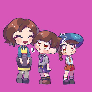 1boy 2girls :3 :o apron arms_behind_back black_hat black_shoes black_socks blue_jacket blush blush_stickers breast_pocket brown_eyes brown_hair brown_shoes closed_eyes closed_mouth collared_shirt commentary deformed english_commentary eyelashes florian_(pokemon) grey_pantyhose grey_shirt hat highres holding holding_unworn_clothes holding_unworn_hat jacket juliana_(pokemon) long_sleeves mother_and_daughter mother_and_son multiple_girls naranja_academy_school_uniform necktie nintendo orange_necktie original paldea_mother pantyhose pocket pokemon pokemon_sv purple_background purple_necktie purple_shorts school_uniform shirt shoes short_hair short_sleeves shorts simple_background smile socks standing unworn_hat unworn_headwear user_vrme3225 uva_academy_school_uniform white_shirt white_socks yellow_apron