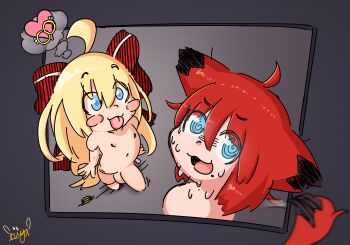 2boys @_@ absurdres ahoge animal_ears beau_retrievia blonde_hair blue_eyes blush_stickers bow confused diamond_(gemstone) diamond_ring dog_ears dog_tail fox_ears fox_tail gurimoe_(riiya_(riiya932)) heart highres large_penis multiple_boys original ornate_ring penis red_hair riiya_(riiya932) ring shota sweat tail trap yaoi