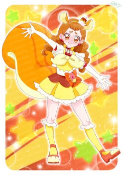 1girl animal_ears arisugawa_himari artist_name blush border bow brown_eyes brown_hair cherry_earrings chest_bow choker closed_mouth collarbone commentary commission cosplay cure_custard cure_custard_(cosplay) custard dress dress_bow earrings elbow_gloves embarrassed extra_ears food-themed_earrings food-themed_hair_ornament food_themed_earrings full-face_blush full_body furrowed_brow gloves hair_ornament hairband highres jewelry kirakira_precure_a_la_mode kneehighs long_hair looking_at_viewer low_twintails magical_girl nervous_smile open_hands orange_background orange_bow orange_choker orange_shoes orange_tail outstretched_arms pact_holder paw_shoes pota0606119 pouch precure self_cosplay shoes signature skeb_commission smile socks solo sparkle_background split_mouth spread_arms spread_fingers squirrel_ears squirrel_tail standing star_(symbol) star_symbol_background tail thick_eyebrows twintails two-tone_background watermark white_border white_gloves yellow_background yellow_bow yellow_dress yellow_hairband yellow_socks