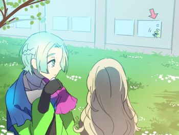 1other androgynous blue_eyes blue_hair commentary_request dress facepaint facial_mark feathers forehead_mark gnosia green_hair hair_between_eyes headphones highres long_hair long_sleeves looking_at_viewer other_focus raqio red_eyes reflection short_hair stereodives tagme tattoo