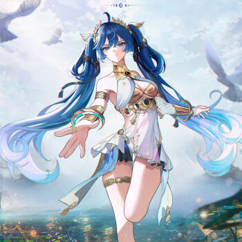 Rule 34 | 1girl, absurdres, ahoge, ancient greek clothes, armlet, bare shoulders, bird, black skirt, blue eyes, blue hair, breasts, chromatic aberration, cleavage, closed mouth, commentary, foot out of frame, gold bra, gradient hair, greco-roman clothes, hair belt, hair between eyes, head wreath, highres, iuno (wuthering waves), jewelry, long hair, looking at viewer, medium breasts, miniskirt, multicolored hair, nervi fd, outdoors, serious, showgirl skirt, skirt, sky, solo, thigh gap, thighlet, thighs, twintails, very long hair, white bird, wuthering waves