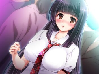 Rule 34 | blush, breasts, brown eyes, hime cut, large breasts, long hair, necktie, purple hair, school uniform, zion