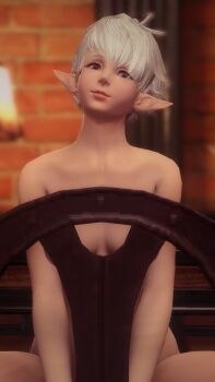 1girl 3d alisaie_leveilleur blue_eyes chair chair_censor convenient_censoring final_fantasy final_fantasy_xiv highres looking_at_viewer nude parted_lips pointy_ears smile solo white_hair
