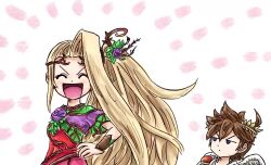 1boy 1girl ahoge angel angel_wings animated blonde_hair brown_hair closed_eyes flower hair_flower hair_ornament hand_on_own_hip kicdon kid_icarus kid_icarus_uprising laughing laurel_crown nintendo open_mouth pit_(kid_icarus) smile tagme v-shaped_eyebrows video viridi wings