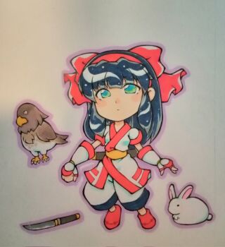 1girl ainu_clothes black_hair breasts chibi clenched_hand fingerless_gloves gloves green_eyes hair_ribbon highres legs long_hair looking_at_viewer mamahaha nakoruru pants rabbit ribbon samurai_spirits small_breasts snk the_king_of_fighters thighs traditional_media weapon