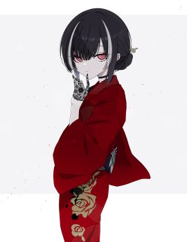 1boy absurdres black_gloves black_hair choker expressionless eyeliner floral_print gloves hair_bun half_gloves highres japanese_clothes kimono kyogoku_masamune lace lace_gloves looking_at_viewer makeup male_focus multicolored_hair red_eyeliner red_eyes red_kimono rose_print seira_jablko short_hair simple_background single_hair_bun solo touken_ranbu trap two-tone_hair white_background yukata
