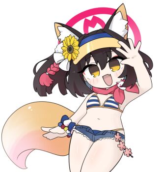 1girl :d animal_ear_fluff animal_ears arm_up armpits bare_arms bikini bikini_bottom_under_shorts bikini_under_clothes black_shorts blue_archive blush breasts brown_eyes brown_hair fang flower fox_ears fox_girl fox_tail hair_between_eyes halo head_tilt izuna_(blue_archive) izuna_(swimsuit)_(blue_archive) miranofuudoria one_side_up open_clothes open_fly open_mouth open_shorts pink_flower short_shorts shorts simple_background small_breasts smile solo striped_bikini striped_clothes swimsuit tail visor_cap white_background