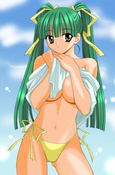 Rule 34 | 1girl, bad id, bikini, bikini bottom only, blue sky, blunt bangs, breasts, brown eyes, closed mouth, covering breasts, covering privates, cowboy shot, day, gluteal fold, green hair, hair ribbon, hands up, holding, holding towel, kanekiyo miwa, large breasts, long hair, navel, original, outdoors, ribbon, side-tie bikini bottom, sideways glance, sky, solo, standing, string bikini, swimsuit, topless female, towel, underboob, yellow bikini, yellow ribbon