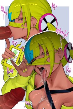 1boy 1girl absurdres after_fellatio blonde_hair blue_eyes blue_hair breasts canari_(pokemon) commentary cum cum_bubble cum_in_mouth cum_on_body cum_on_breasts cum_on_tongue cum_on_upper_body english_commentary fellatio gen_4_pokemon hetero highres jacket looking_at_viewer mask medium_breasts mouth_mask multicolored_hair multiple_views nintendo ohwl oral penis piercing pokemon pokemon_legends:_z-a rotom rotom_phone short_twintails simple_background split-color_hair tongue tongue_out tongue_piercing twintails two-tone_hair uncensored yellow_jacket yellow_nails