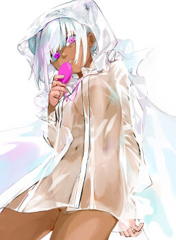 1girl arm_at_side breasts coat commentary_request convenient_censoring cowboy_shot dark-skinned_female dark_skin double_bun expressionless fingernails groin hair_bun hand_up highres holding holding_pocket_watch hood hood_up jaajaa3322 jewelry locket looking_at_viewer medium_breasts naked_coat naked_raincoat navel no_pussy parted_lips pendant pendant_watch pink_eyes pocket_watch raincoat salome_(toaru_majutsu_no_index) see-through_clothes see-through_raincoat signature solo standing stomach thighs toaru_majutsu_no_index toaru_majutsu_no_index:_new_testament underboob watch white_background white_hair