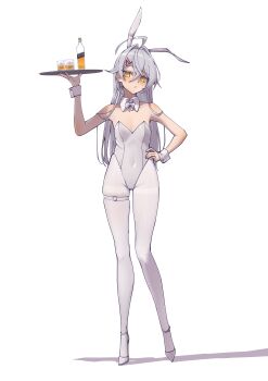 1girl absurdres ahoge alcohol animal_ears bare_shoulders blush bottle bow bowtie breasts collar covered_navel cup d'orsay_heels drinking_glass gluteal_fold hair_ribbon high_heels highres hip_bones holding holding_plate leotard long_hair looking_at_viewer original pantyhose plate playboy_bunny rabbit_ears ribbon shoes shot_glass small_breasts standing stank strappy_heels thigh_strap thighband_pantyhose very_long_hair whiskey white_background white_bow white_bowtie white_collar white_hair white_leotard white_pantyhose white_shoes white_wrist_cuffs wrist_cuffs yellow_eyes