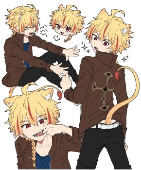 Rule 34 | 1boy, animal ear fluff, animal ears, arm up, black pants, blonde hair, blue shirt, braid, brown jacket, cat boy, cat ears, cat tail, collared jacket, commentary, fate/strange fake, fate (series), finger in own mouth, highres, jacket, kemonomimi mode, long sleeves, looking at viewer, male focus, multiple views, open mouth, oshushi054, pants, red eyes, red hair, richard i (fate), shirt, single braid, sitting, sparkle, sparkling aura, standing, stretching, tail, teeth, triangle mouth, untranslatable commentary, unzipped, white background
