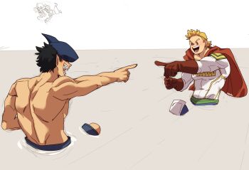 addy_(@vegeebs) artist_name bakugou_katsuki beam_(chainsaw_man) black_hair blonde_hair blue_eyes boku_no_hero_academia brown_gloves cape chainsaw_man gloves highres intangible male_focus muscular muscular_male pointing pointing_at_another power_connection red_cape reze_(chainsaw_man) sharp_teeth superhero_costume teeth togata_mirio topless_male