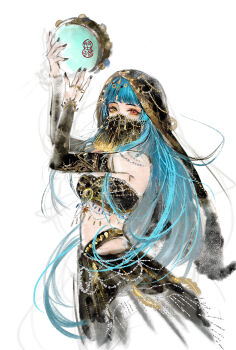 arabian_clothes bare_shoulders beads black_nails black_skirt black_sleeves black_tube_top black_veil blue_hair chinese_commentary circlet commentary_request covered_mouth detached_sleeves expressionless eyelashes eyeshadow gold_ring harem_outfit heterochromia highres holding_tambourine infinity_nikki jewelry long_hair long_sidelocks long_skirt long_sleeves makeup midriff mouth_veil multiple_rings nail_polish nikki_(series) official_alternate_color pink_eyeshadow pleated_skirt realistic red_eyes ring sasora sidelocks simple_background skirt starwoven_dreams_(infinity_nikki) strapless tube_top veil very_long_hair white_background yellow_eyes