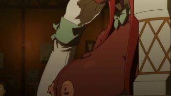 animated animated_gif anime_screenshot beer_mug bouncing_breasts bow bowtie breast_expansion breasts cup detached_collar elbow_gloves erza_scarlet erza_scarlet_(bar_altair_waitress)_(fairy_tail) fairy_tail fairy_tail:_dragon_cry furry furry_female gloves huge_breasts mainkore mug nipples rabbit rabbit_girl red_fur red_hair transformation