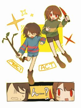 2others arrow_(symbol) black_shorts blue_shorts blue_sweater boots brown_boots brown_hair chara_(undertale) closed_eyes commentary frisk_(undertale) green_sweater holding holding_knife holding_stick kawar1117552 knife multiple_others open_mouth other_focus red_eyes short_hair shorts smile sparkle stick striped_clothes striped_sweater sweat sweater translated undertale user_interface utdr_(toby_fox)