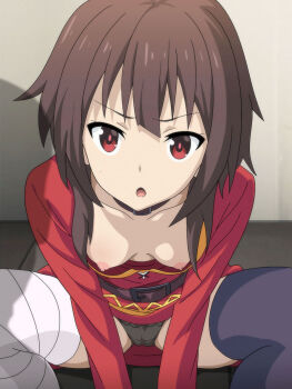 1girl asymmetrical_legwear black_choker black_panties breast_slip breasts brown_hair choker downblouse dress highres kono_subarashii_sekai_ni_shukufuku_wo! loli looking_at_viewer megumin nipples no_bra open_mouth panties red_dress red_eyes salmon_knight short_hair_with_long_locks sitting small_breasts solo textless_version underwear