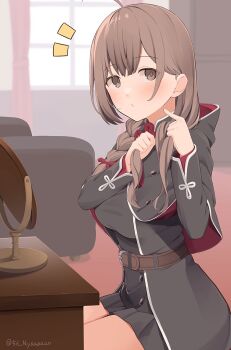 1girl befu belt black_capelet black_dress braid brown_belt brown_eyes brown_hair capelet couch dress feet_out_of_frame highres holding holding_own_hair hood hood_down hooded_capelet kantai_collection long_hair mirror notice_lines pleated_dress shinshuu_maru_(kancolle) single_braid sitting solo